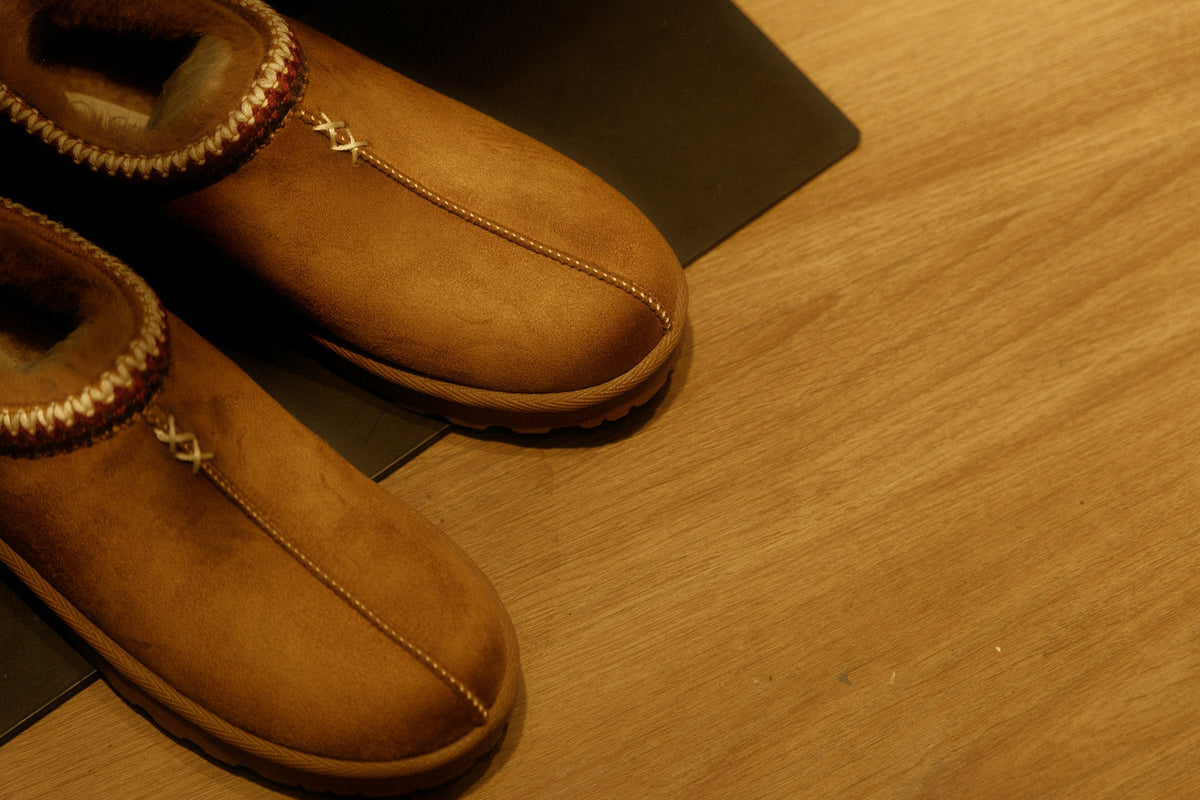 Suede wool-lined slippers on a wooden floor